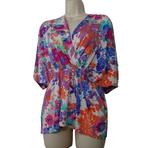 BomBom Floral Surplice Vneck Dolman Sleeve Faux Wrap Top Women Size M Multicolor - Picture 1 of 7